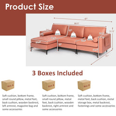 97 in L Shaped 3 Seat Sectional in Coral Leather Look Fabric with a 46.5 in Chaise to Lie On