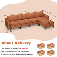 123 in L Shaped 4 Seat Sectional in Burnt Orange Linen with an 85 in Seat and Removable Ottoman
