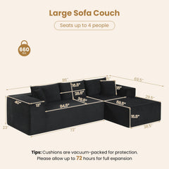 86 in Black Corduroy L Shaped Sectional with an Anti Slip Base, 39.5 in Seat and No Legs