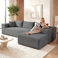 86 in Grey Corduroy L Shaped Sectional, 39.5 in Deep Seat and a 58.5 in Chaise, Seats 4