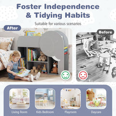 Montessori Bookshelf with Elephant Shape 3-Tier Toddler Toy Storage Organizer-Grey