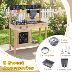 Mud Kitchen Playset Kids Play Kitchen Outdoor with 2 Removable Sinks-Natural