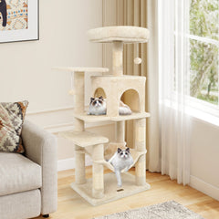 44 Inch Beige Cat Tower with a Two Door Condo, Hammock and Top Perch