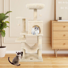 44 Inch Beige Cat Tower with a Two Door Condo, Hammock and Top Perch