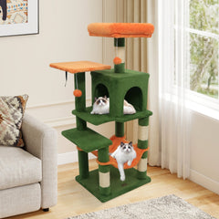 Forest Green Cat Tower 44 Inches with Orange Perch, Hammock and Condo