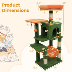 Forest Green Cat Tower 44 Inches with Orange Perch, Hammock and Condo