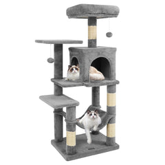 Light Grey Cat Tower 44 Inches with Five Levels and a Two Door Condo