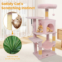 Pink Cat Tower 44 Inches with a Hammock, Condo and Two Hanging Balls