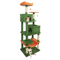 Green Cat Tower 75 Inches with Orange Hammock, Two Condos and Perch