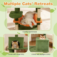 Green Cat Tower 75 Inches with Orange Hammock, Two Condos and Perch