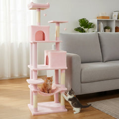 Pink Cat Tower 75 Inches with a Basket, Hammock and Two Condos
