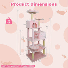 Pink Cat Tower 75 Inches with a Basket, Hammock and Two Condos