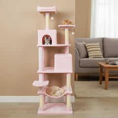 Pink Cat Tower 75 Inches with a Basket, Hammock and Two Condos