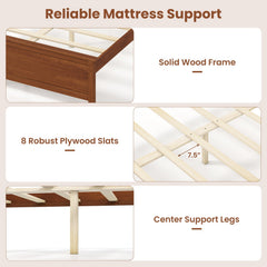Multiple Size Solid Wood Platform Bed Frame with Headboard in Walnut-Full Size