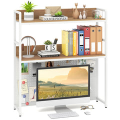 Multipurpose 2-Tier Desktop Bookshelf with Pegboard for up to 32 Inch Computer Monitor-Natural