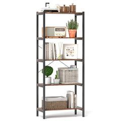 Industrial 5 Shelf Open Bookcase, Rustic Brown Wood with Black Metal Frame