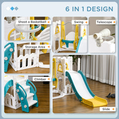 6-in-1 Slide and Swing Set Baby Swing Playset Indoor with Basketball Hoop, Climber, Storage Space, Telescope, Grey