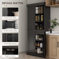 71" Freestanding Kitchen Pantry with 4 Doors and 2 Cabinets, Tall Storage Cabinet for Kitchen, Distressed Black