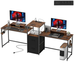 96 Inch Gaming Desk, Dual Computer Desk for 2 Person with Power Outlets and Monitor Stands, Black