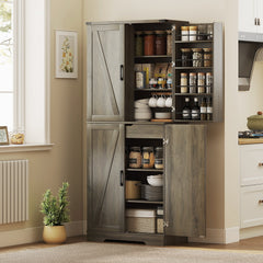 72" Kitchen Pantry Cabinet, Farmhouse Storage Cabinet with 4 Doors, Drawer, 8 Door Shelves and Adjustable Shelf, Black