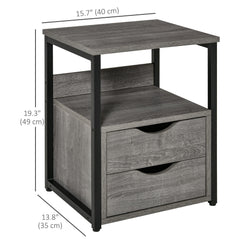 Nightstand with 2 Drawers, Industrial Side Table with Storage Shelf, Accent End Table for Bedroom, Living Room, Grey