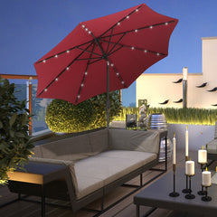 9ft Solar Patio Umbrella Outdoor Sunshade 24 LED Lights Tilt Canopy Wine Red