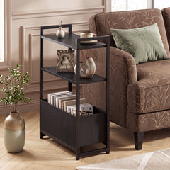 Narrow End Table with Storage Shelves and Metal Frame-Black