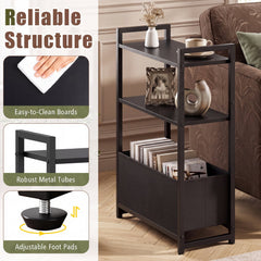 Narrow End Table with Storage Shelves and Metal Frame-Black
