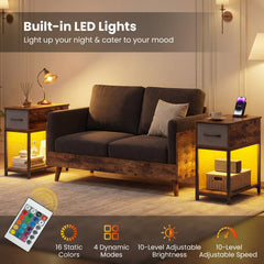 Narrow Side Table with Charging Station and LED Lights Industrial End Table-Brown