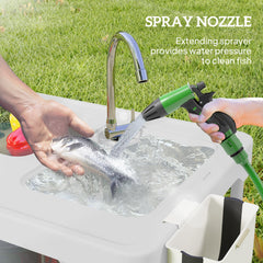 Folding Fish Cleaning Table with Sinks, Camping Sink with Faucet Drainage Hose Sprayer Shelf, Grey
