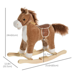 Kids Rocking Horse Plush Animal on Wooden Rockers with Sounds, Wooden Base, Baby Rocking Chair, Brown