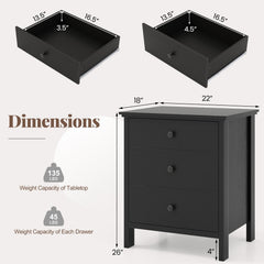 3-Drawer Wooden Nightstand, Modern Bedside Table in Black