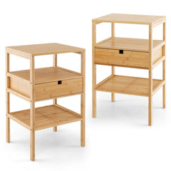 Nightstand Set of 2 Bamboo End Tables with 2 Open Shelves and Drawer