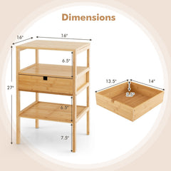 Nightstand Set of 2 Bamboo End Tables with 2 Open Shelves and Drawer