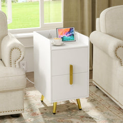 Nightstand Side Table with 2 Drawers and Built In Charging Station, White