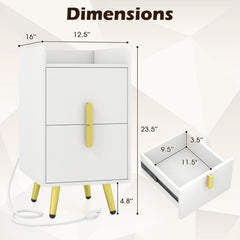 Nightstand Side Table with 2 Drawers and Built In Charging Station, White