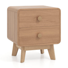 Nightstand with 2 Drawers and Solid Rubber Wood Legs, Brown