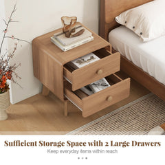 Nightstand with 2 Drawers and Solid Rubber Wood Legs, Brown