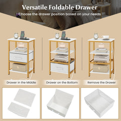 Nightstand with Charging Station and Adjustable Fabric Drawer for Bedroom and Living Room-1 Piece