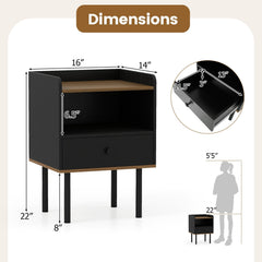 Nightstand with Drawer 3-Tier Sofa Side Table with Open Storage Shelf-Black