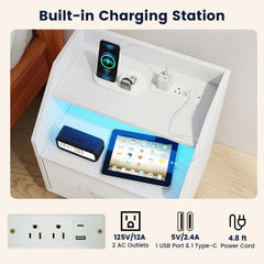 Nightstand with Power Outlets and Open Storage Shelf for Living Room-White