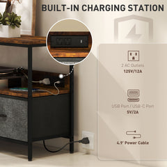 TV Stand with Charging Station, TV Table with 2 Foldable Linen Drawers and Open Shelf for 47 Inch Television, Black