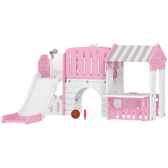 7-in-1 Toddler Slide, Kids Slide Climber Playset with Playhouse and Basketball Hoop for 1-4 Years, Grey