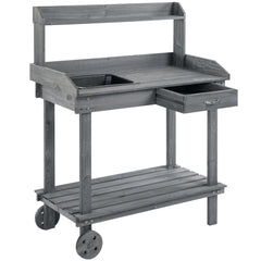 36" Wooden Potting Bench Work Table with 2 Removable Wheels, Sink, Drawer & Large Storage Spaces, Gray