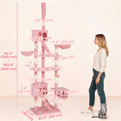 94"-102" Huge Cat Tree Ceiling High Cat Condo Scratching Post Activity Center Multi-Level Play House Light Grey