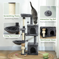 Cat Tower, 42" Multi-Level Cat Tree with Padded Plush Perch, Hammock, 2 Door Condos, Scratching Posts, Toy Balls