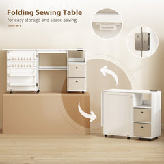 Rolling Sewing Machine Table with Power Outlet, Folding Craft Table with 2 Fabric Drawers, 2 Bins and 18 Pegs, Black