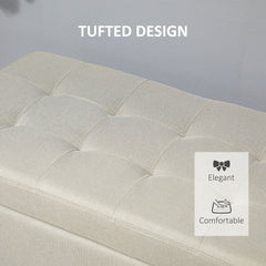 Rectangular Entry Bench, Tufted Upholstered Linen Fabric Wood Feet Storage Ottoman Bench, Beige