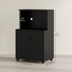 Microwave Cart on Wheels Utility Trolley Storage Sideboard Bookcase with 2-door Cabinet, Grey Wood Grain