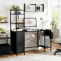 Office Desk with LED Lights and Power Outlets Computer Desk with Open Shelves-Black